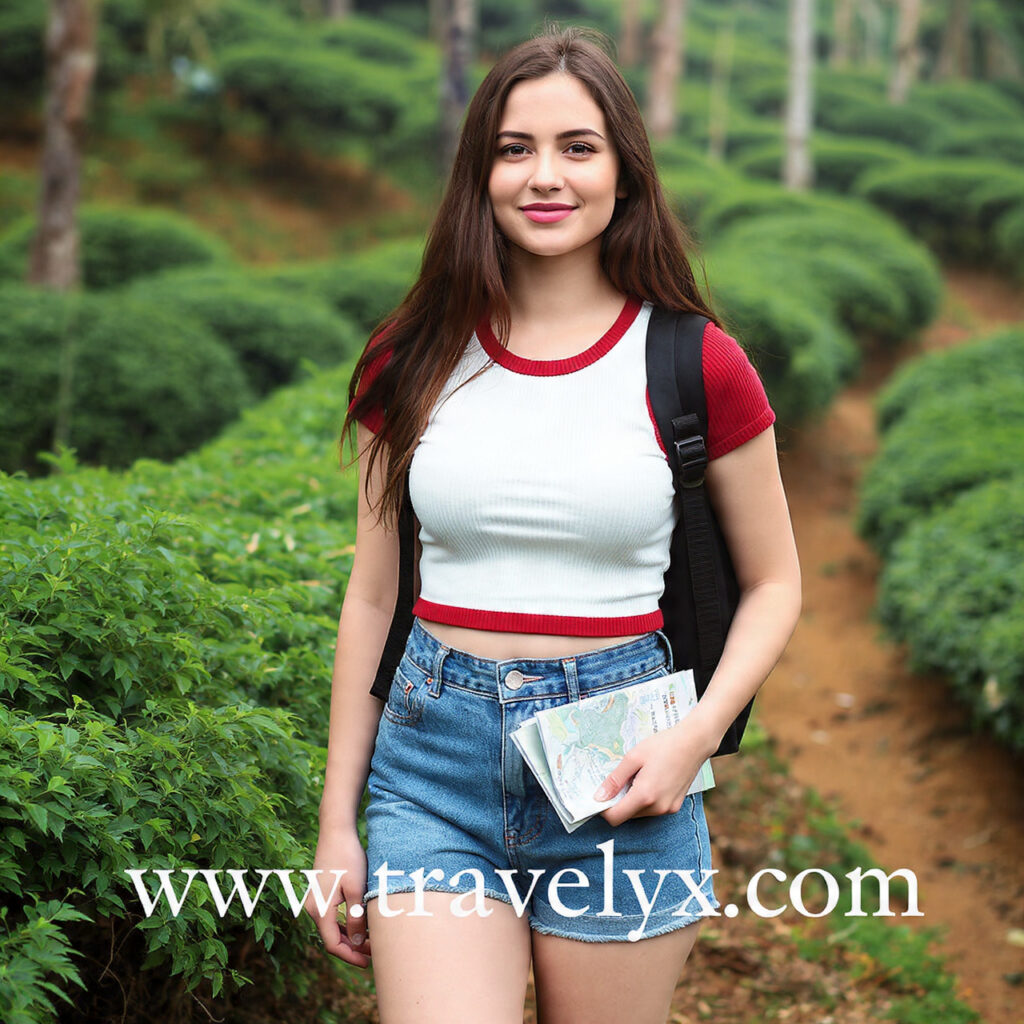 Solo female traveler hiking Sri Lanka’s Pekoe Trail through scenic tea plantations, exploring safety, nature, and adventure alone.