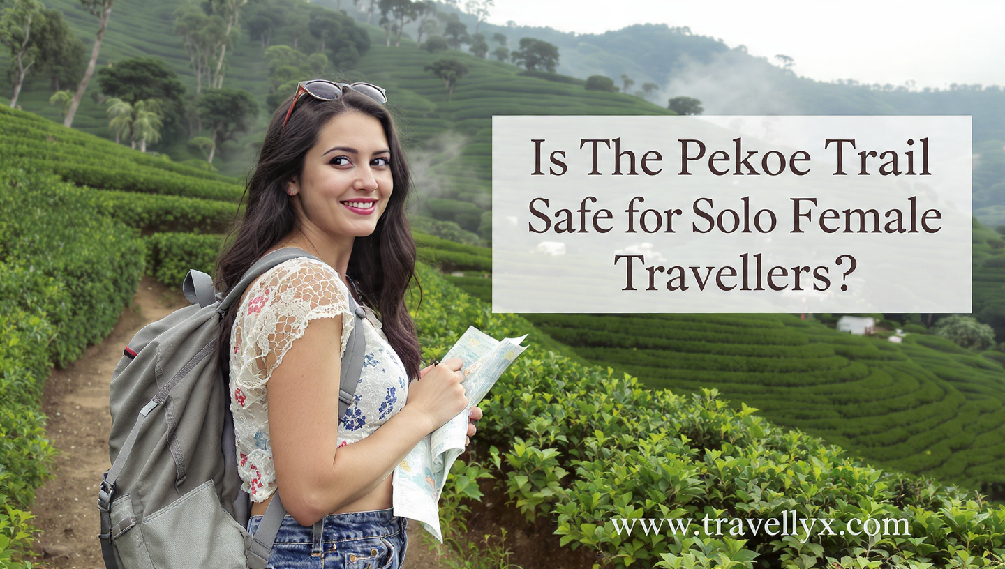 Solo female traveler hiking Sri Lanka’s Pekoe Trail through scenic tea plantations, exploring safety, nature, and adventure alone