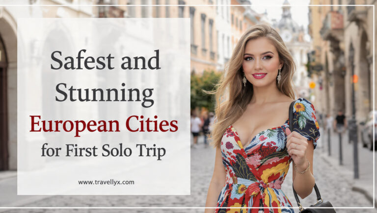 A stylish solo female traveler in a bright elegant dress exploring a beautiful European city, representing safe and stunning destinations for a first solo trip in Europe