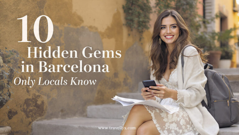 A stylish young Spanish woman walking through a quiet hidden street in Barcelona, showcasing local neighborhoods and lesser-known attractions beyond tourist areas