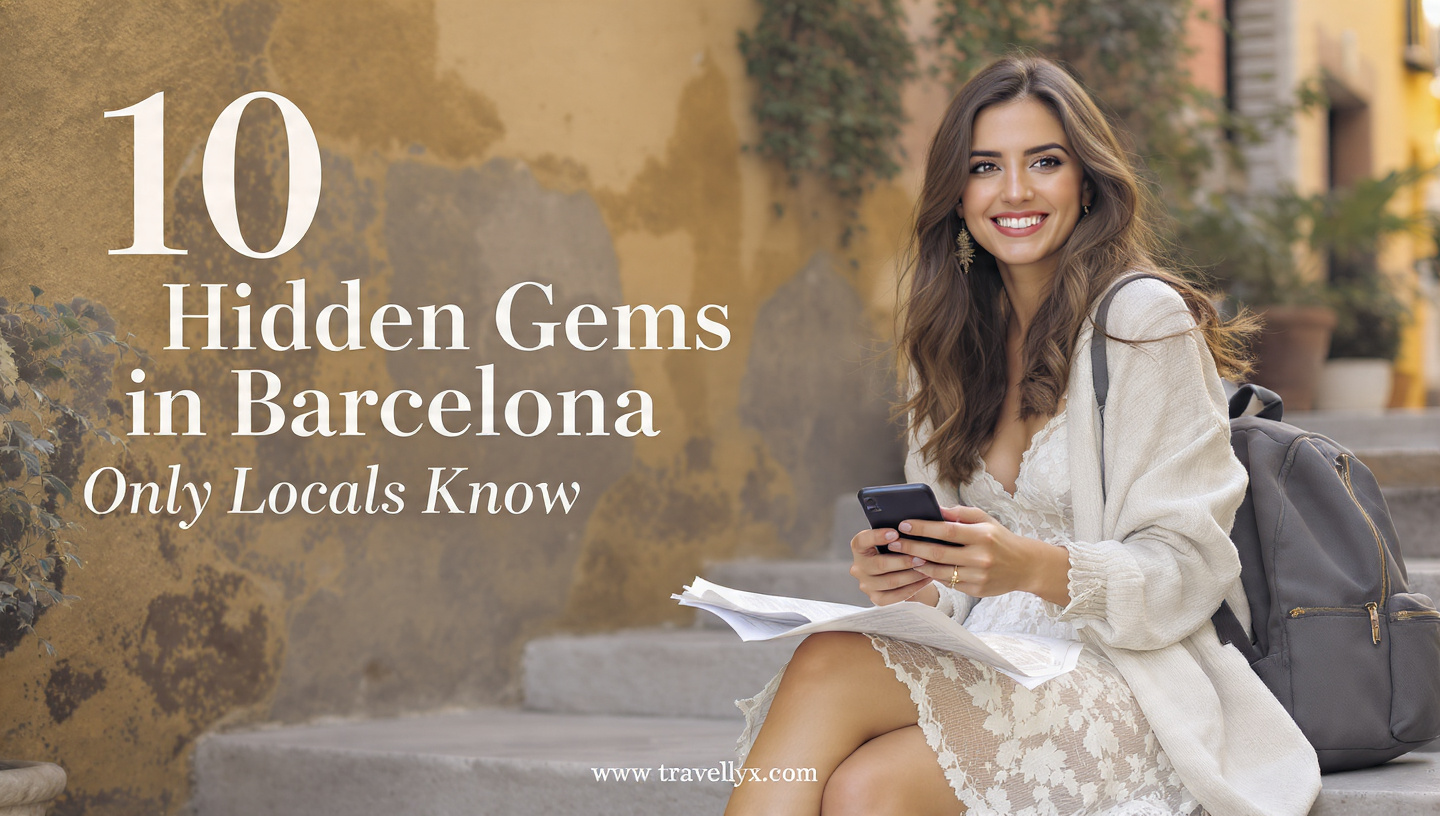 A stylish young Spanish woman walking through a quiet hidden street in Barcelona, showcasing local neighborhoods and lesser-known attractions beyond tourist areas