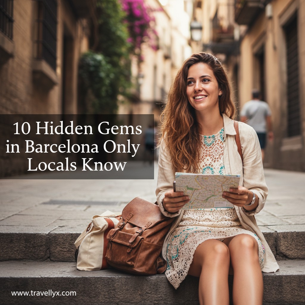 A stylish young Spanish woman walking through a quiet hidden street in Barcelona, showcasing local neighborhoods and lesser-known attractions beyond tourist areas