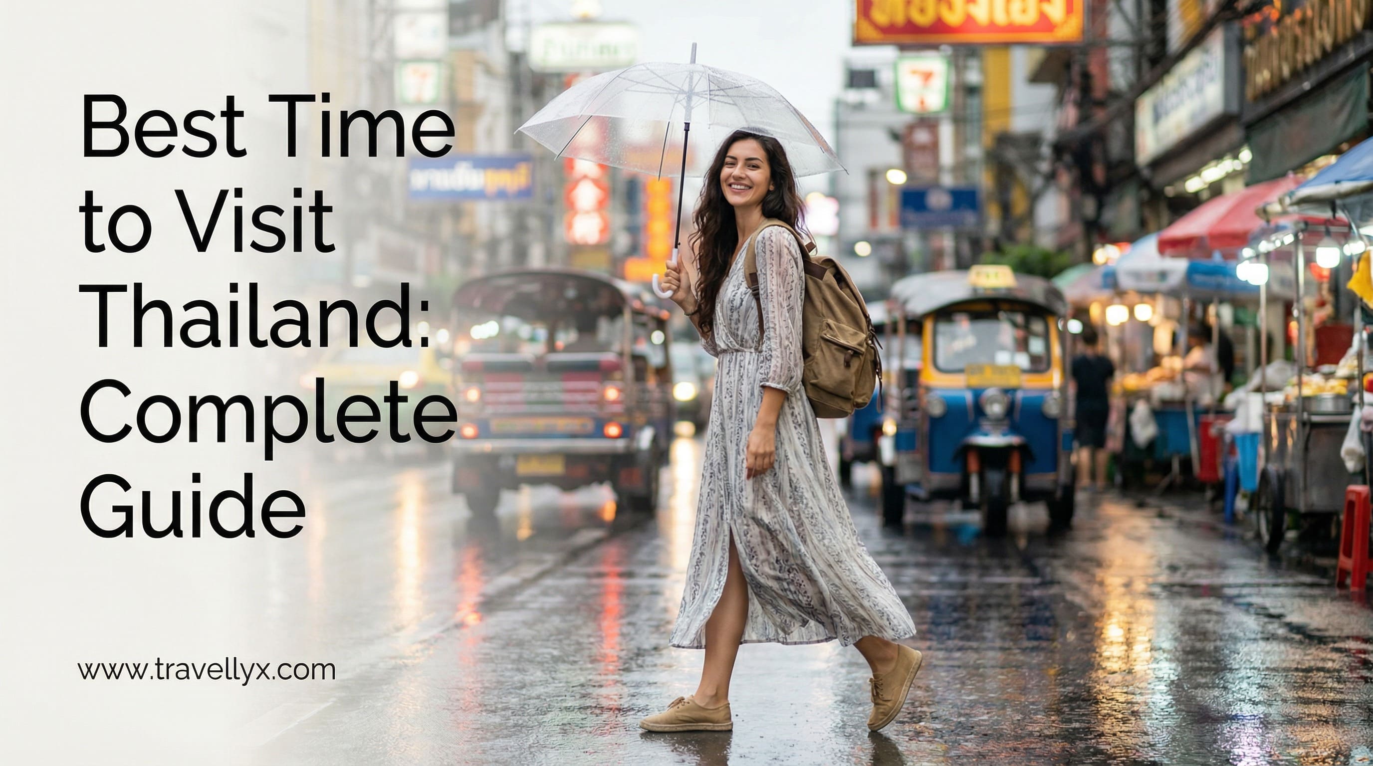 Best time to visit Thailand showing a tropical beach, clear blue sea, palm trees, and a traveler enjoying sunny weather in Thailand