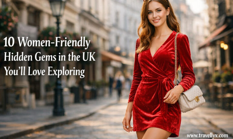 Solo female traveler exploring a peaceful hidden village in the UK, showcasing women-friendly destinations, safe travel, and scenic British landscapes.