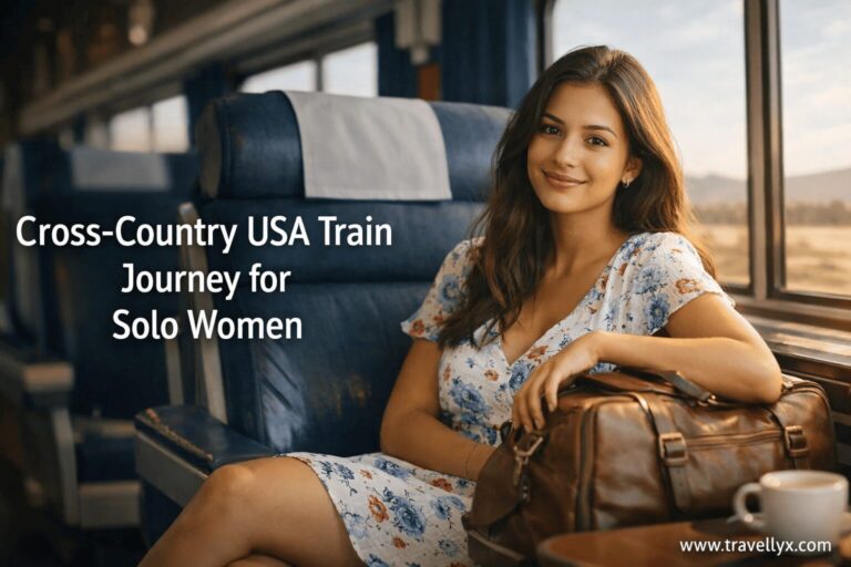 A Brazilian solo female traveler riding a long-distance train in the USA, enjoying a scenic cross-country journey through America
