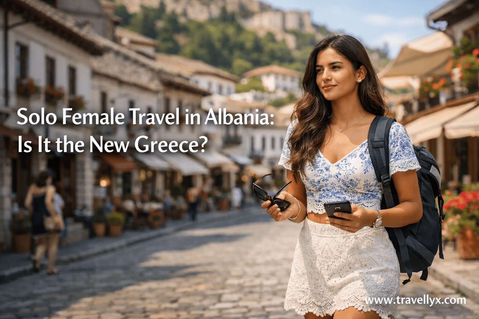 Solo female traveler walking through a scenic Albania city street with a backpack, enjoying safe and stylish travel in Europe