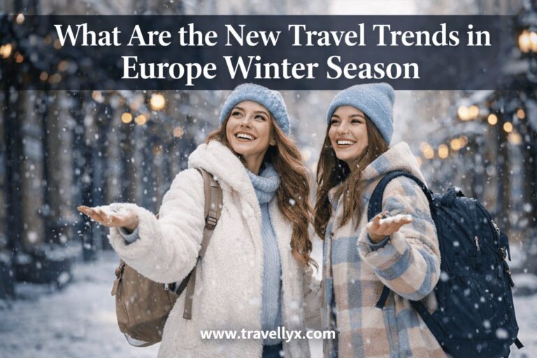 Stylish young European women enjoying winter travel in Europe, wearing elegant white and blue winter outfits during the winter season