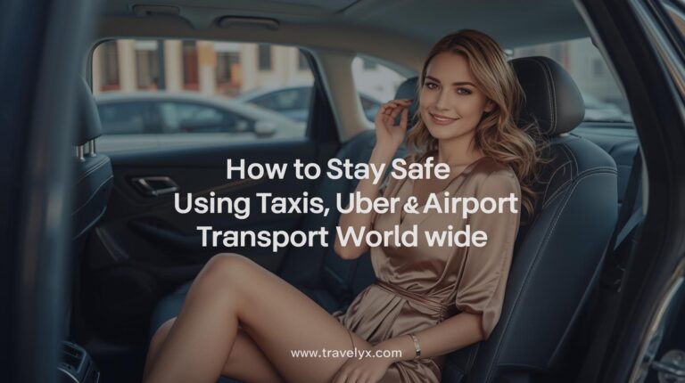 A stylish solo female traveler sitting at an airport seating area, holding her passport and handbag, looking alert and confident while preparing to use safe taxi, Uber, or airport transport services