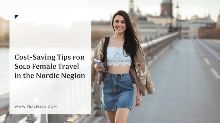 Solo female traveler exploring a Nordic city on a budget, enjoying stylish yet affordable travel in Northern Europe