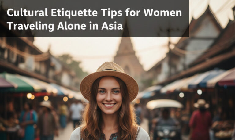 Solo female traveler exploring an Asian cultural site while dressed modestly and respecting local traditions