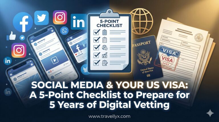llustration of a traveler completing a U.S. visa or ESTA application online, highlighting the new requirement to disclose five years of social media accounts.