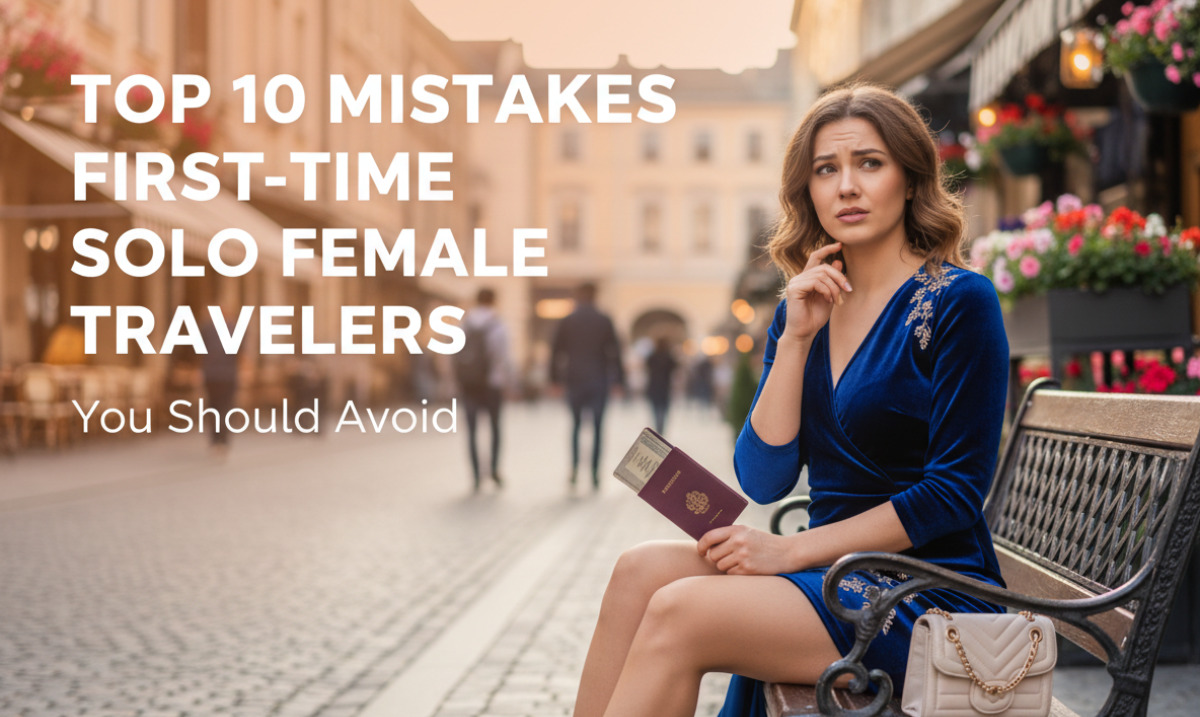 A confident solo female traveler sitting in a stylish city setting, holding her travel bag and passport with a thoughtful expression, representing common mistakes first-time solo women travelers should avoid.