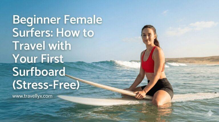 Beginner female surfer traveler holding her first surfboard at an international airport, preparing for a stress-free surf trip with confidence and style.