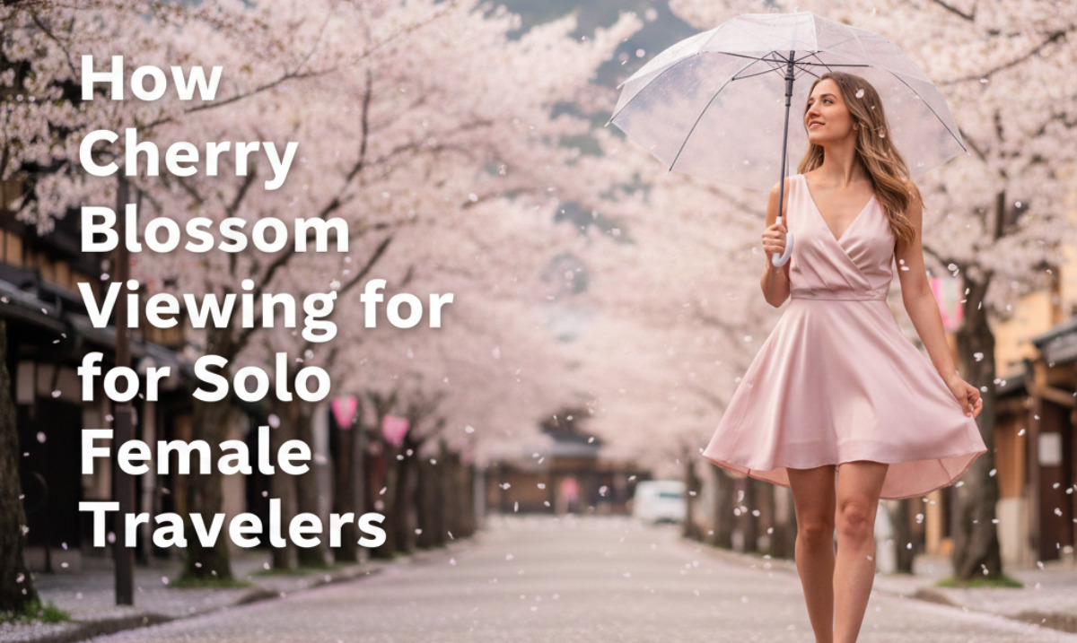 Solo female traveler walking under blooming cherry blossom trees, wearing an elegant dress and holding a transparent umbrella, enjoying a peaceful spring travel moment