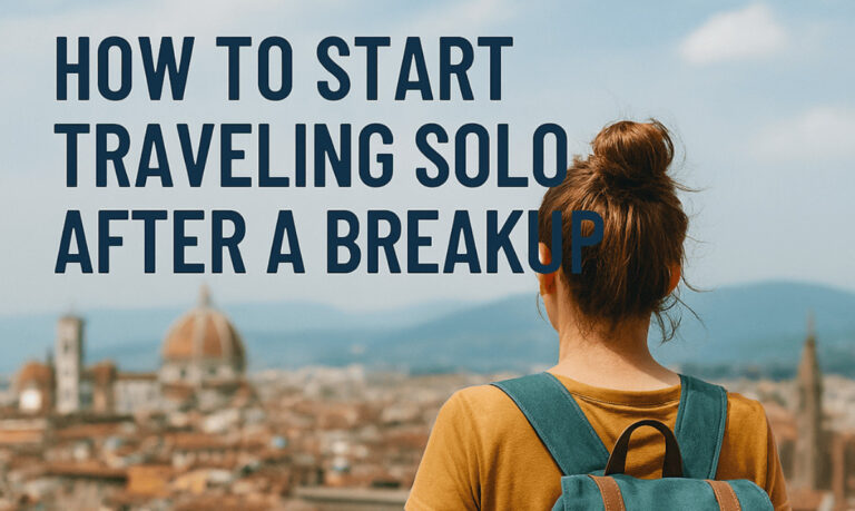 Woman traveling solo after a breakup, standing with a suitcase and looking at a scenic view, symbolizing healing and new beginnings
