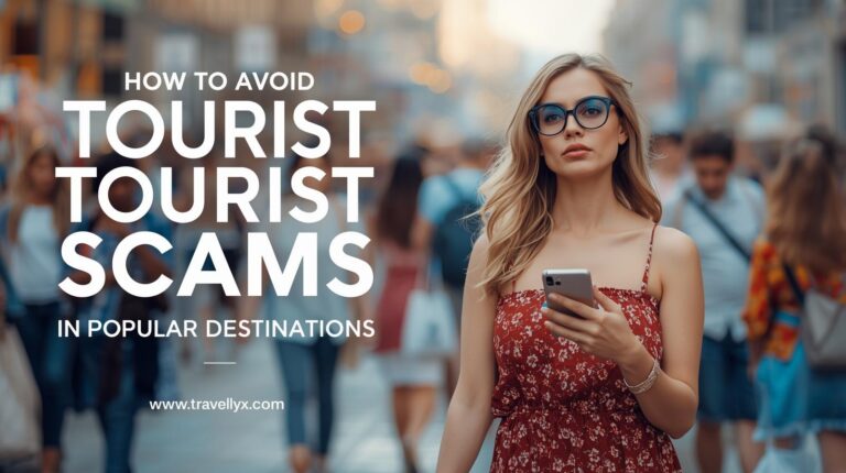 A cautious tourist checking a city map and smartphone while a suspicious stranger approaches in a crowded travel destination