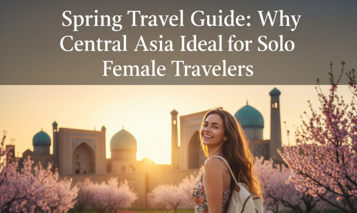 Solo female traveler exploring Central Asia in spring, walking through colorful tulip fields with snow-capped mountains in the background