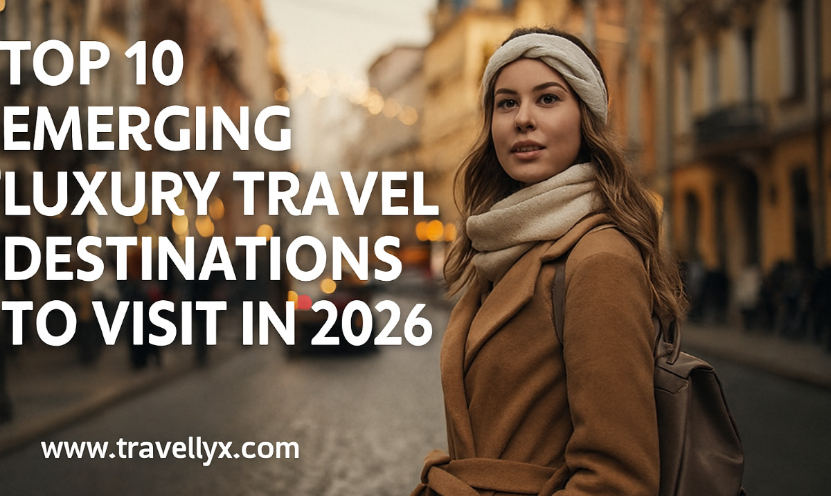 A scenic view of an upscale travel destination with luxury resorts, crystal-clear water, and modern architecture representing top emerging luxury travel spots for 2026