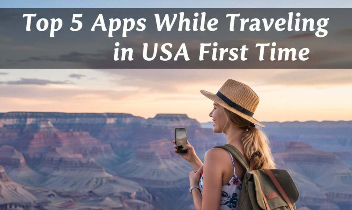 First-time traveler in the USA using essential travel apps on a smartphone at an American city airport