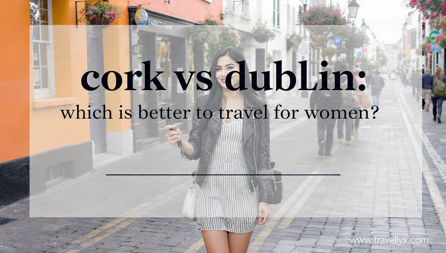 Stylish solo female traveler exploring Ireland, comparing Cork vs Dublin for women travelers, city streets, confident and safe travel vibe