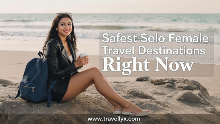 Confident solo female traveler exploring one of the safest travel destinations for women, wearing a stylish outfit and enjoying a peaceful city atmosphere.