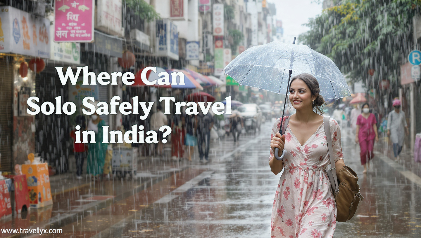 Solo female traveler walking confidently on an Indian city street, exploring safe travel destinations in India for women