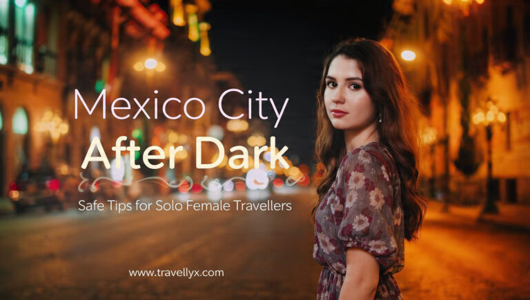 Young solo female traveler in Mexico City at night, walking safely on a well-lit street, wearing a stylish long floral dress, smiling confidently, with city lights in the background.