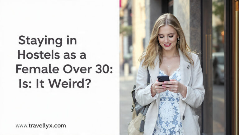 Confident solo female traveler over 30 relaxing in a modern hostel common area while traveling independently