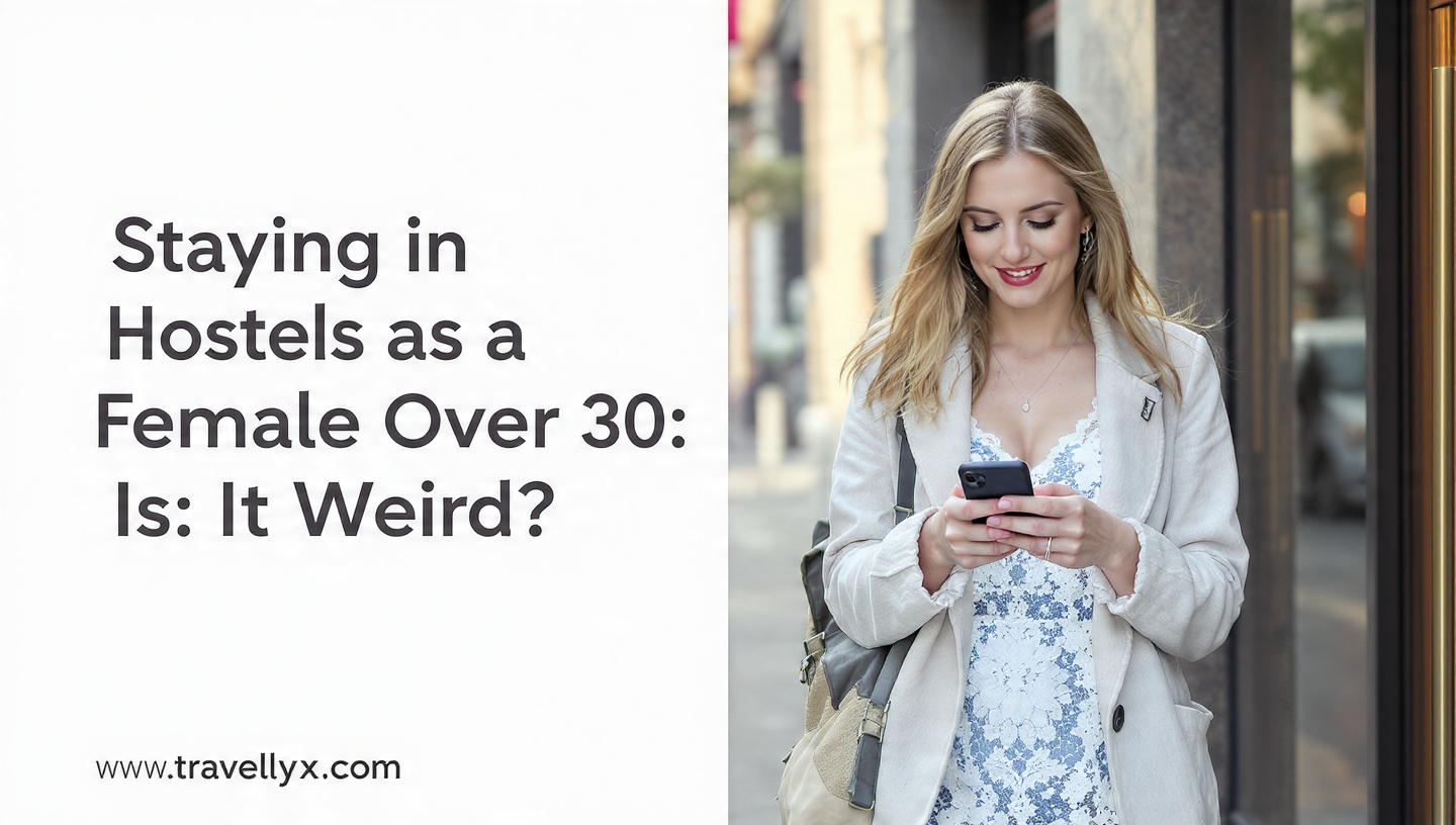 Confident solo female traveler over 30 relaxing in a modern hostel common area while traveling independently