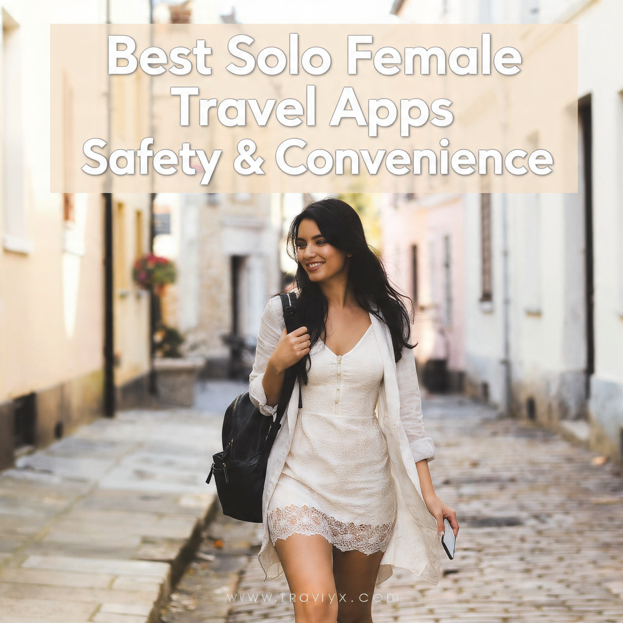 A confident solo female traveler using safety and navigation travel apps on her smartphone while exploring a city, highlighting secure and convenient solo female travel.