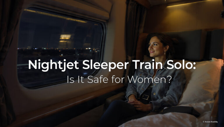 Solo female traveler relaxing safely inside an ÖBB Nightjet sleeper train cabin during an overnight journey in Europe