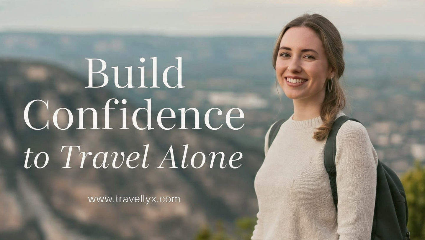 Confident solo female traveler standing alone with a backpack, looking at a scenic destination and smiling, symbolizing confidence and independence in solo travel.