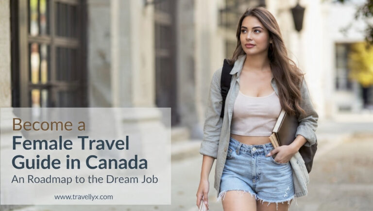 oung professional woman travel guide in Canada smiling confidently while exploring a scenic Canadian city, representing a dream career in travel and tourism.