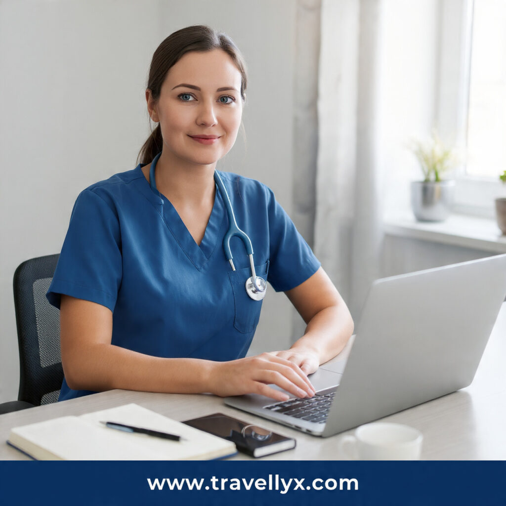 Remote jobs for nurses – a professional nurse working on a laptop from home, representing flexible online nursing careers and work-from-home healthcare opportunities.