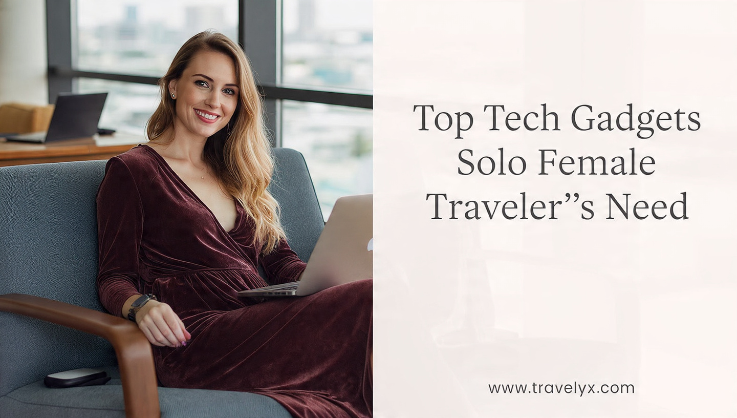 Solo female traveler using essential tech gadgets like a smartphone, power bank, smartwatch, and noise-canceling headphones while traveling safely and confidently.