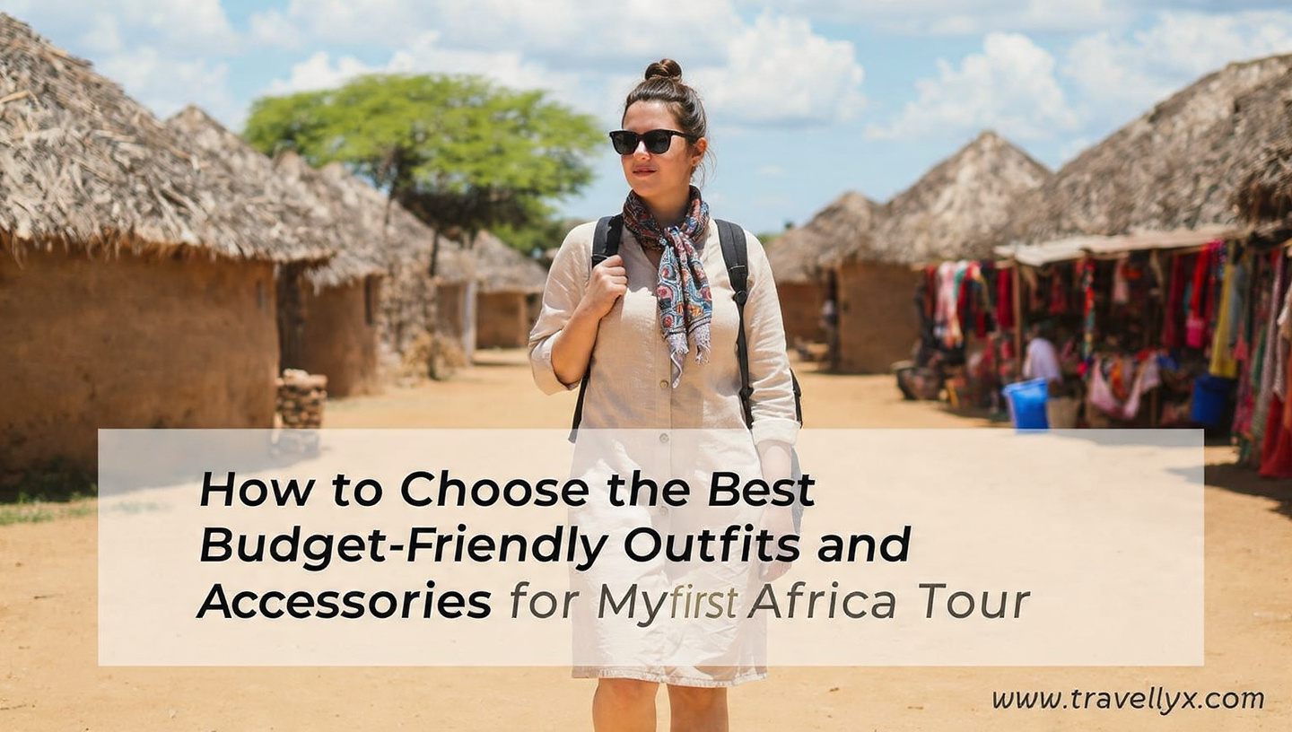 Budget-friendly travel outfits and accessories for a first Africa tour, featuring lightweight clothing, comfortable shoes, a crossbody bag, sunglasses, and sun protection essentials.