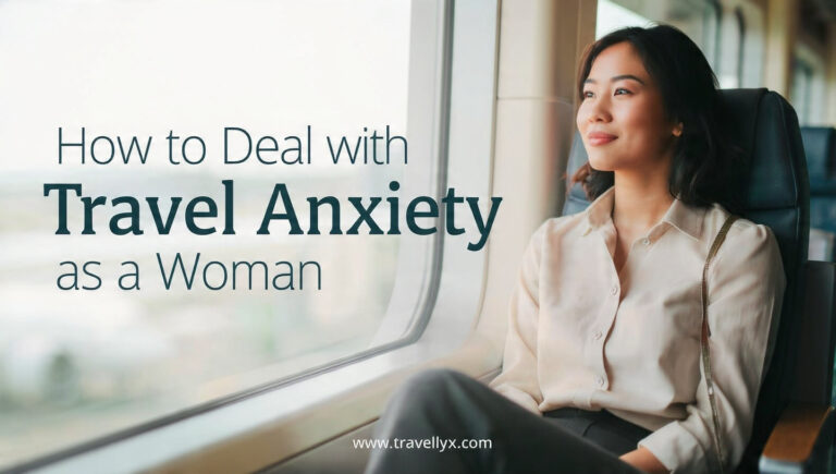 A confident solo female traveler sitting calmly at an airport lounge, practicing mindfulness while preparing for her journey, representing how women can manage travel anxiety.