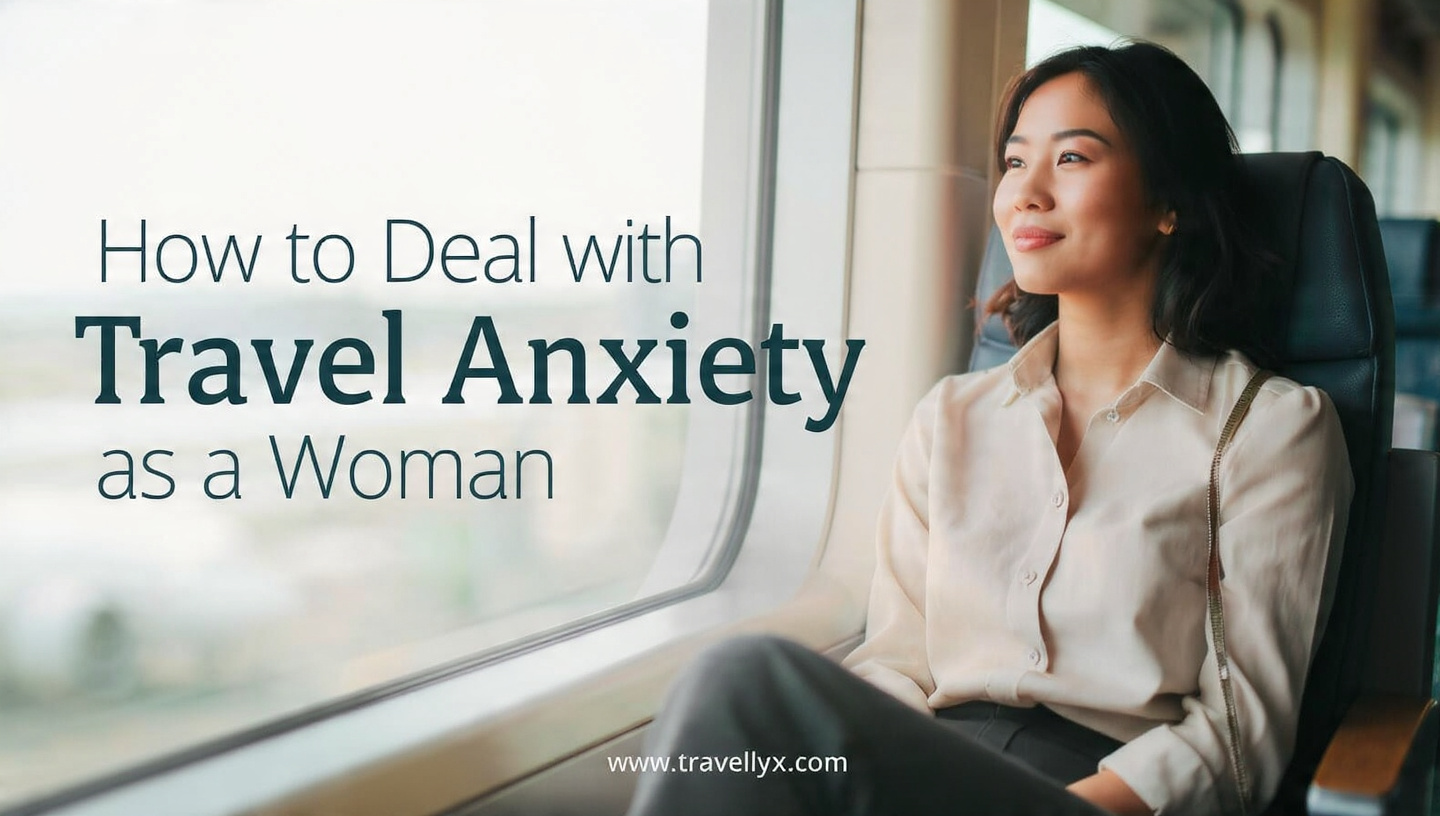 A confident solo female traveler sitting calmly at an airport lounge, practicing mindfulness while preparing for her journey, representing how women can manage travel anxiety.