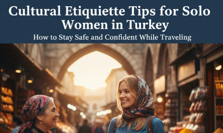 Solo female traveler exploring a historic street in Turkey, dressed modestly and confidently, representing cultural etiquette and safe travel tips