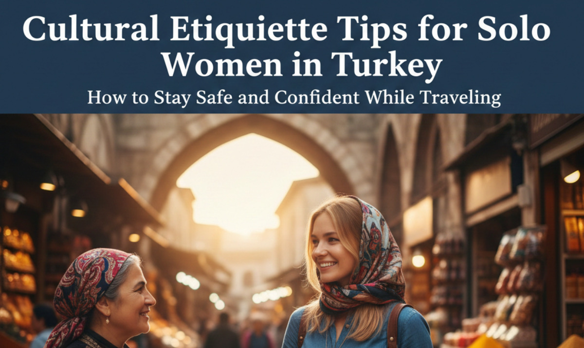 Solo female traveler exploring a historic street in Turkey, dressed modestly and confidently, representing cultural etiquette and safe travel tips