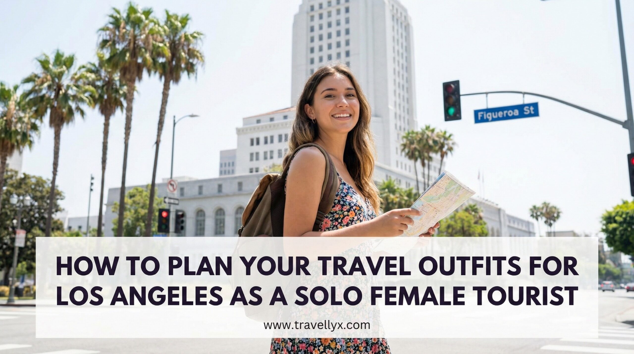 Solo female traveler wearing a stylish casual outfit while exploring Los Angeles streets with palm trees and city views.