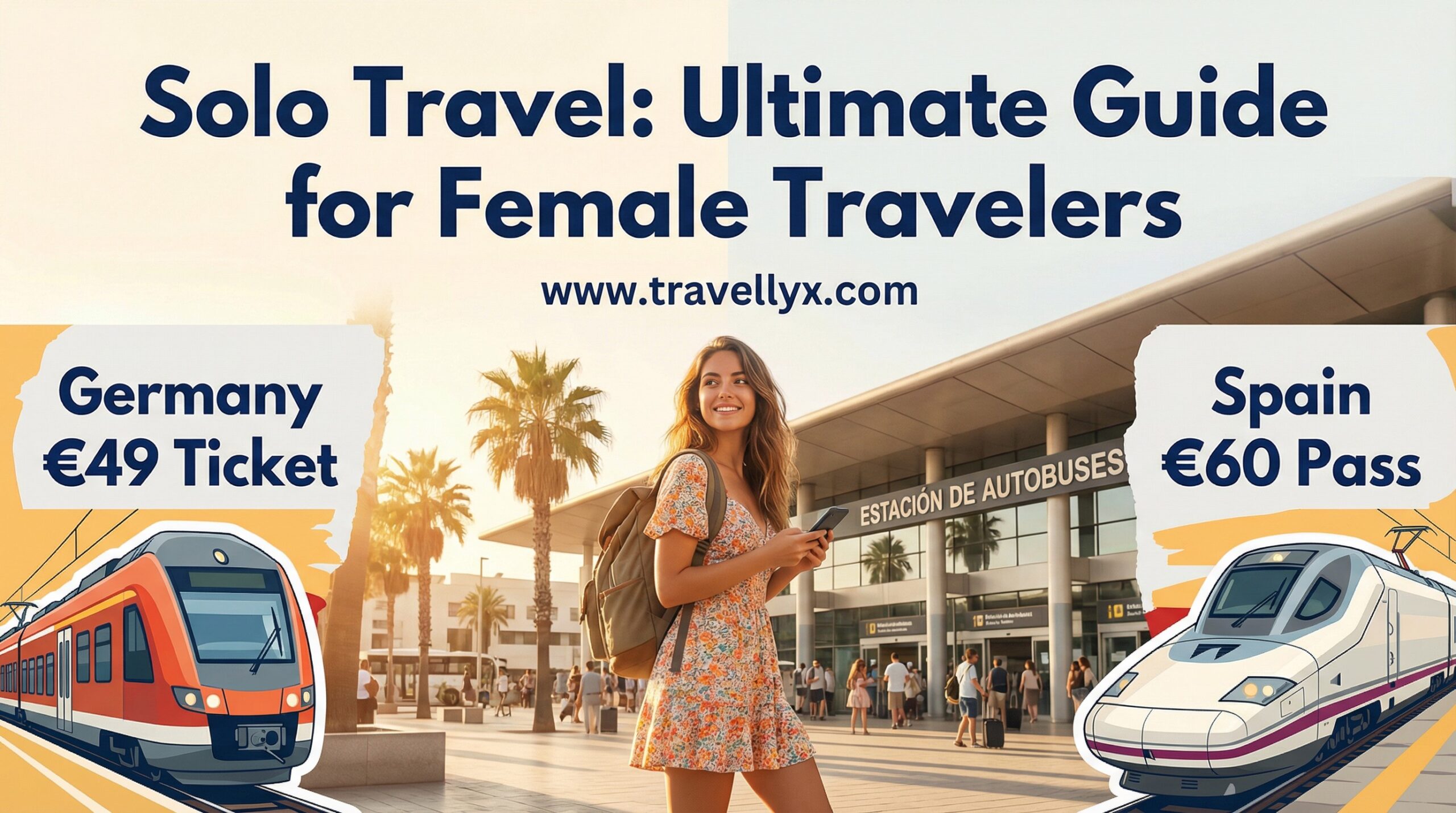 Germany €49 Ticket vs Spain €60 Pass comparison for solo female travelers, showing public transport options across Europe