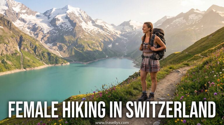 Solo female hiker walking on a scenic mountain trail in the Swiss Alps with snow-capped peaks and green valleys