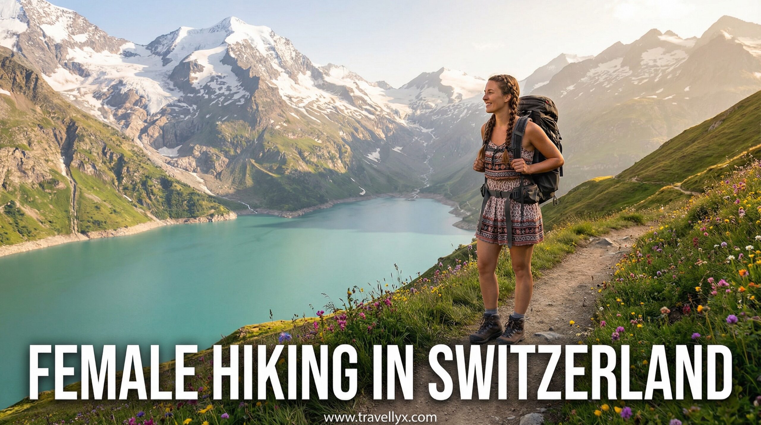 Solo female hiker walking on a scenic mountain trail in the Swiss Alps with snow-capped peaks and green valleys