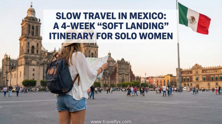 Solo female traveler enjoying slow travel in Mexico, walking through a colorful colonial street during a relaxed four-week itinerary.