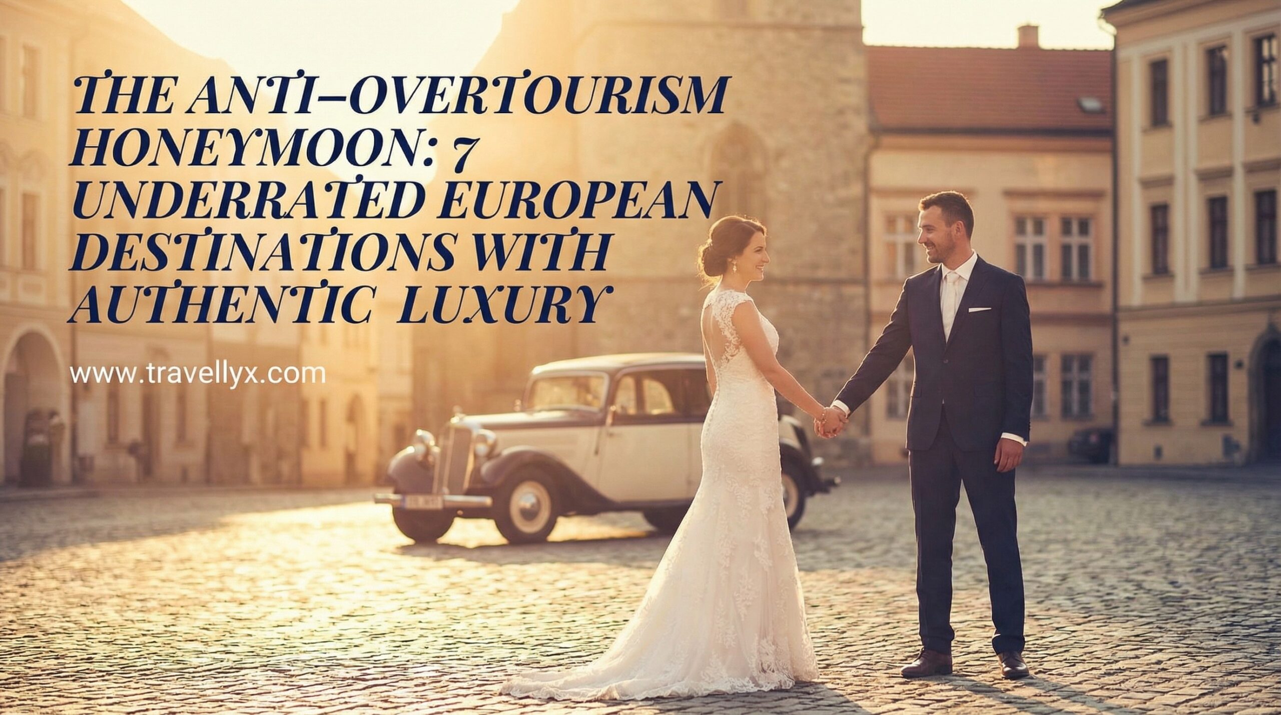 Romantic couple enjoying a quiet luxury honeymoon in an underrated European destination, surrounded by historic architecture and peaceful scenery