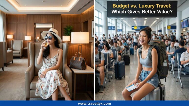 Budget travel versus luxury travel comparison showing a backpacker on a budget trip and a couple enjoying a luxury vacation.