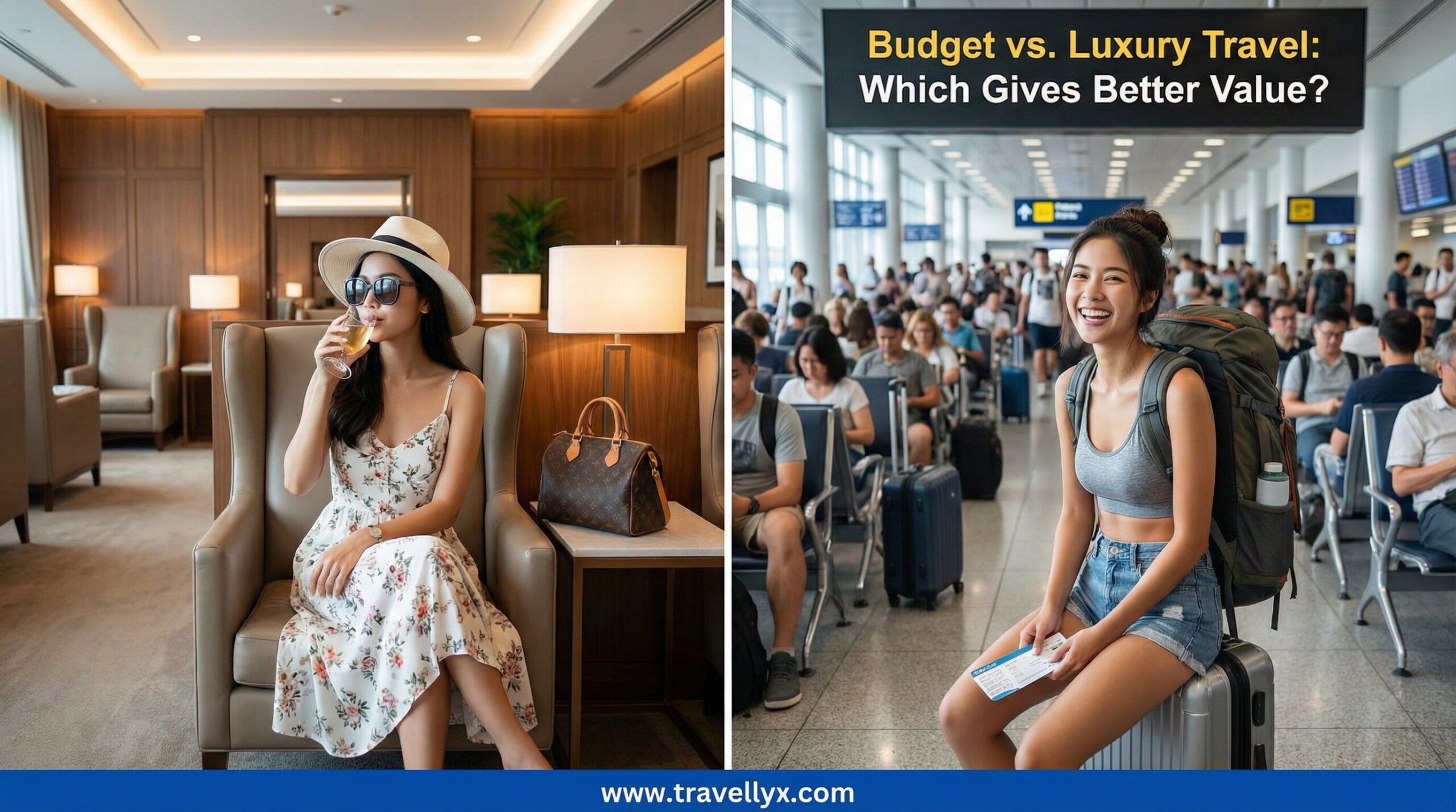 Budget travel versus luxury travel comparison showing a backpacker on a budget trip and a couple enjoying a luxury vacation.
