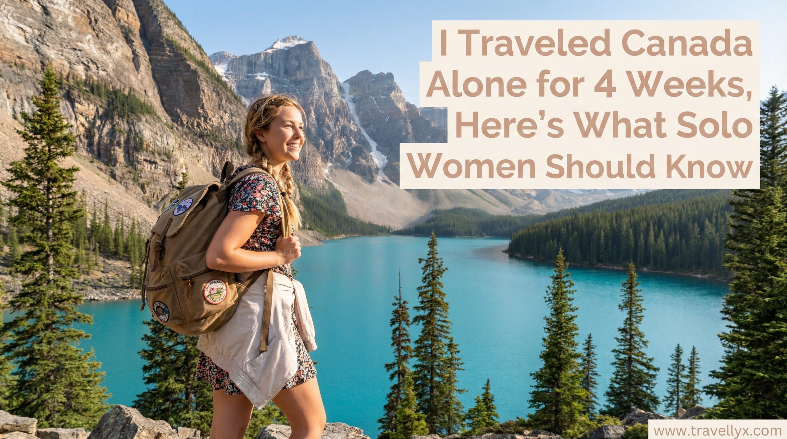 Solo female traveler smiling with a backpack while overlooking a turquoise mountain lake in Canada during a four-week solo trip.