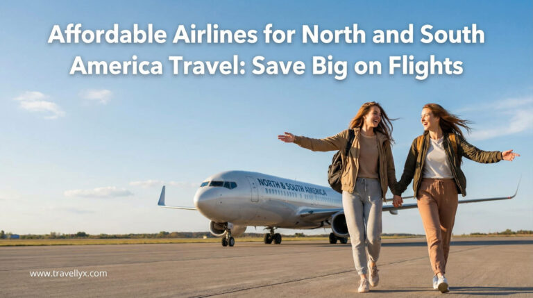 Two stylish young women smiling near an airplane at the airport, representing affordable airlines for travel across North and South America